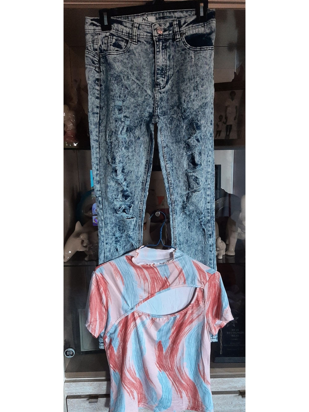 Acid Wash Distressed Jeans with Red & Blue Brushstroke Top